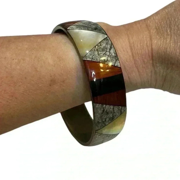 Vintage Inlay Bangle Bracelet Mother of Pearl - Picture 4 of 8